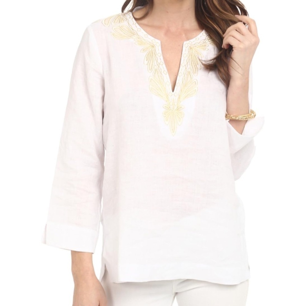 Lilly Pulitzer Women's White Gold Linen Amelia Island Blouse Tunic Size XS